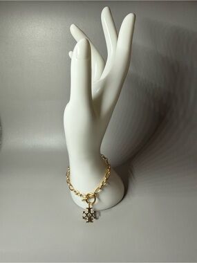 Tory Burch Gold Link Bracelet with Logo Charm